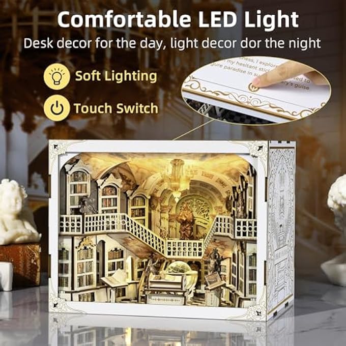 DIY BOOK NOOK 3D WOODEN PUZZLE BOOKENDS BOOKSHELF INSERT DECOR WITH LED LIGHT AND DUST COVER FOR TEENAGERS AND ADULTS - Image 3